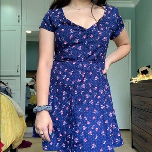 Navy floral mini dress with polka dots